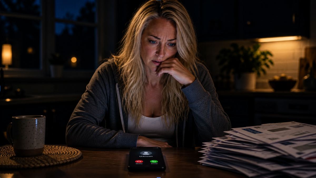 Johanna at her kitchen table late at night in 2023, a stack of past-due notices beside her and an unknown caller on her phone
